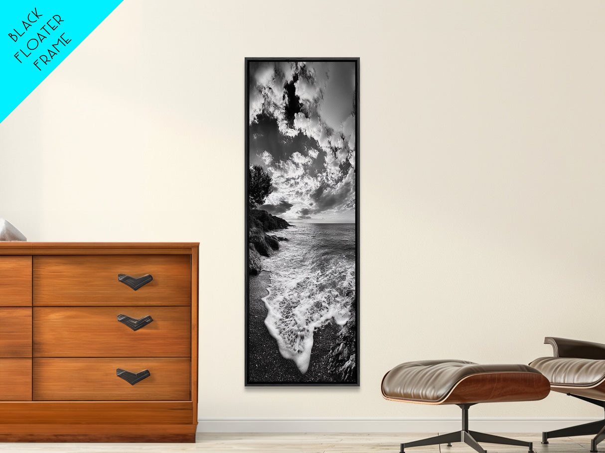 Rocky Coastline, Ocean Foam, Sunset Glow, Framed Canvas Print, Nautical Wall Art, Beach House Decor, Moody Seascape Photography
