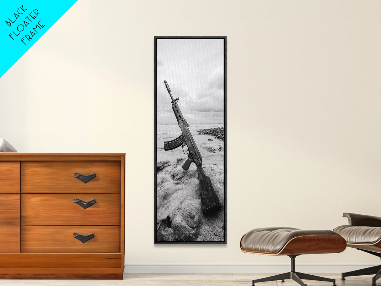 War Relic, AK Rifle, Surreal Beach Scene, Framed Canvas Print, Bold Statement Art, Bachelor Pad or Office Decor, Rustic Industrial Style