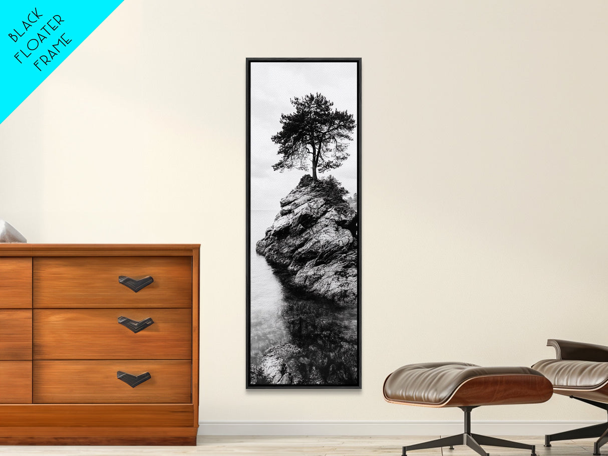 Lone Tree, Rock Island, Tranquil Coast, Nature Strength, Framed Canvas Print Cabin Wall Art, Minimalist Tree Print, Nordic Nature Living Room Decor