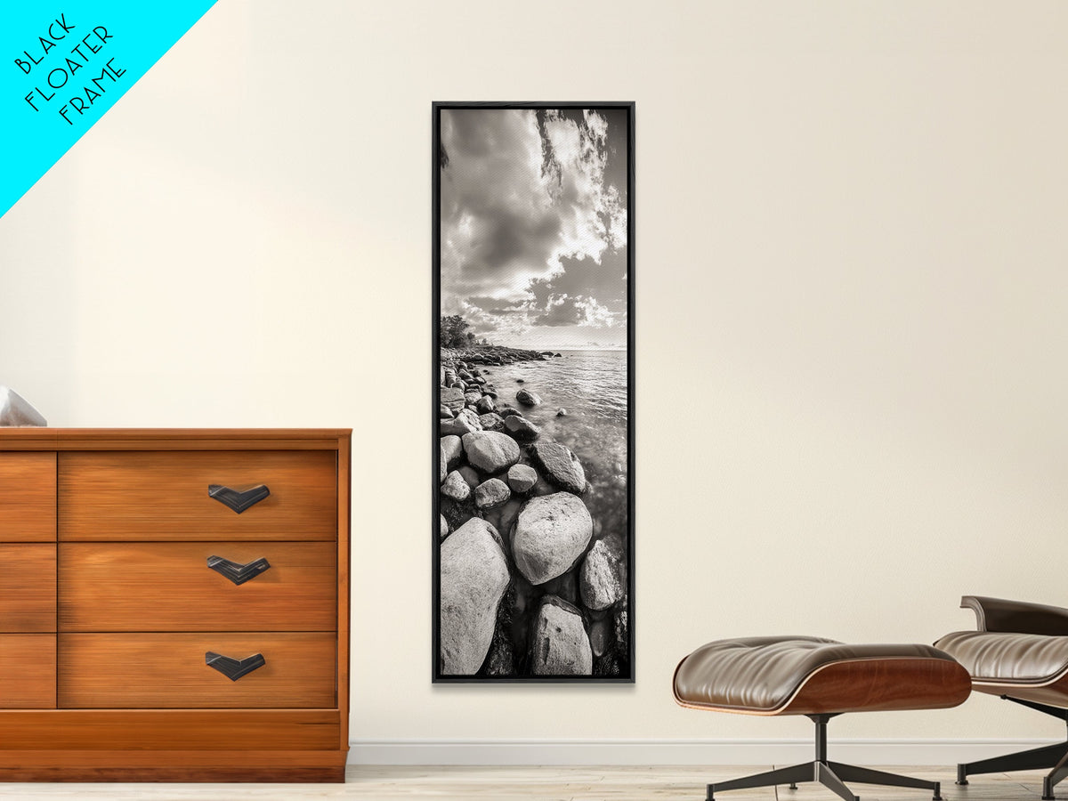 Sunrise Shore, Tranquil Coast, Pebble Beach, Golden Glow, Framed Canvas Print Fall Wall Art, Landscape Living Room Decor, Minimalist Aesthetic