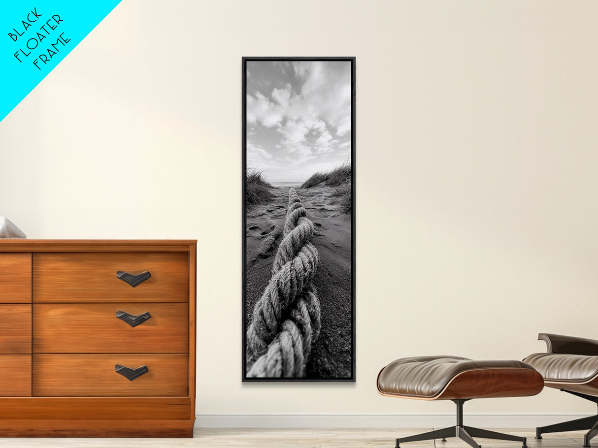 Rope in Sand, Beach Path Perspective, Coastal Journey, Framed Canvas Print, Bathroom Wall Art, Seaside Style, Minimalist Nautical Scene