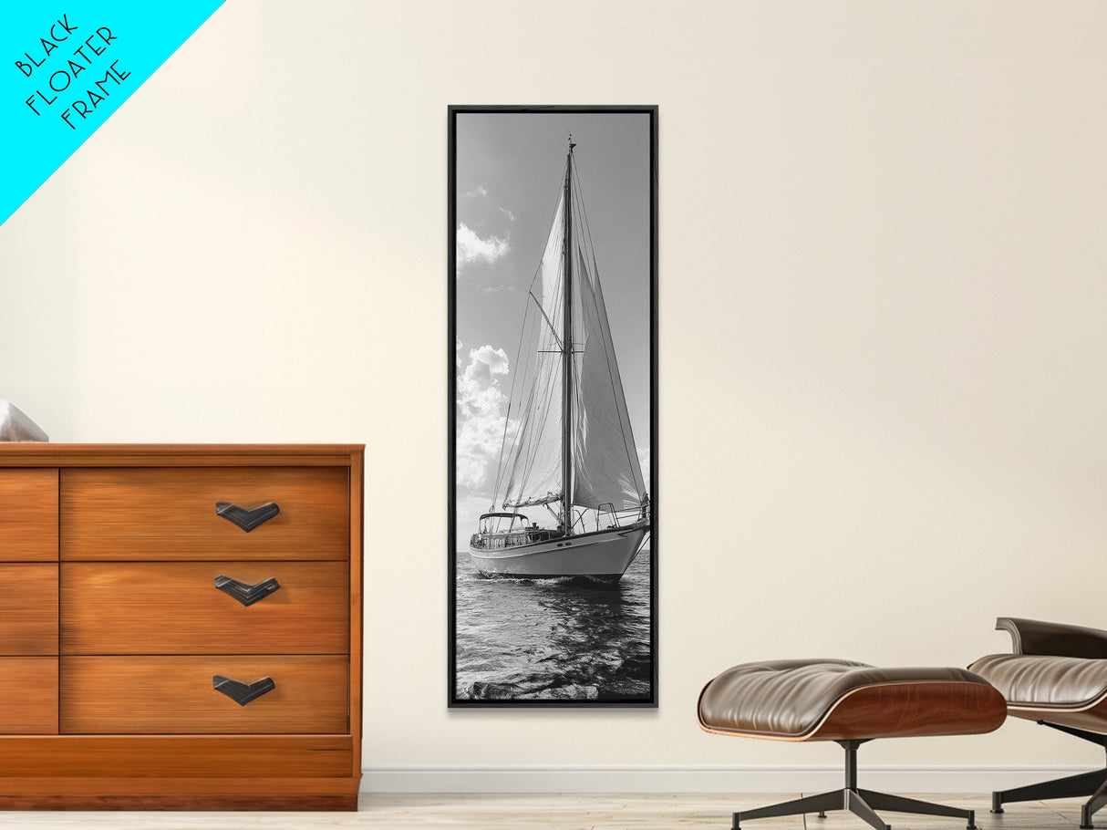 Sailboat Ocean Art, Nautical Wall Decor, Minimalist Seascape, Coastal Living Room Style, Framed Canvas Print, Black White Sailboat