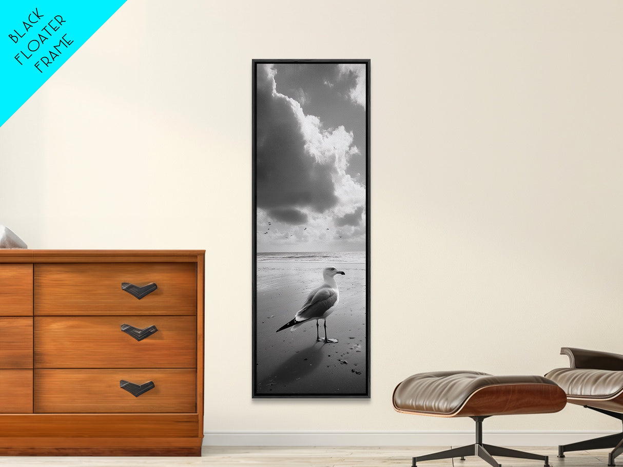 Seagull, Ocean Breeze, Beach Minimalism, Tranquil Shoreline, Seagull Photo Art, Coastal Framed Canvas Print, Bathroom Wall Decor