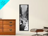 Winter Forest, Snowy River, Pine Trees, Canvas Print, Cozy Cabin Wall Art, Nature Lover Gift, Scandinavian Style, Holiday Decor, Bedroom Decor