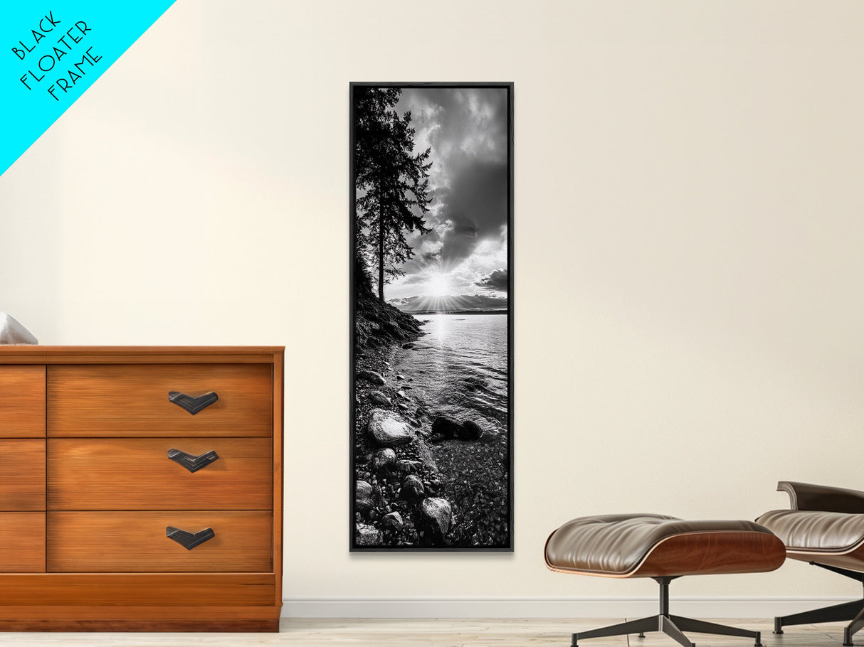 Tree Shoreline, Tranquil Water, Sunset Reflection, Peaceful Horizon, Framed Canvas Print, Nature Photography, Cabin Wall Art