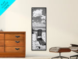 Seaside Chair View, Coastal Calm, Ocean Horizon, Beach Serenity, Framed Canvas Print, Living Room Wall Art, Relaxing Summer Vibe
