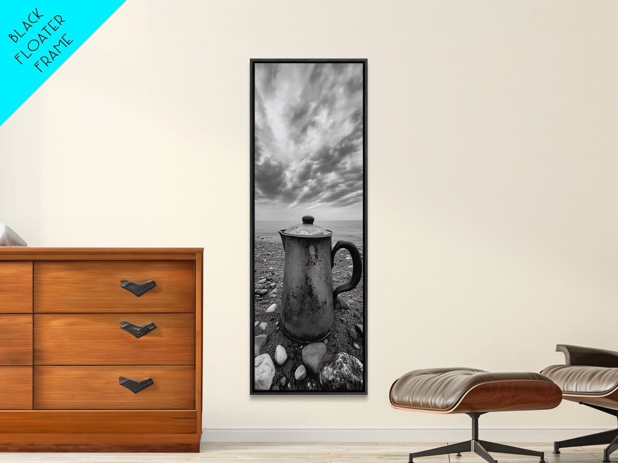 Seaside Coffee Pot, Rustic Beach, Moody Vibes, Framed Canvas Print, Farmhouse Decor, Kitchen Wall Art, Coastal Neutral Artwork