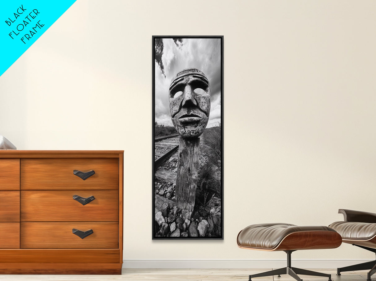 Tribal Mask, Railway Art, Abstract Face, Canvas Print, Surreal Wall Art, Eclectic Living Room Decor, Boho Urban Art, Monochrome Photography