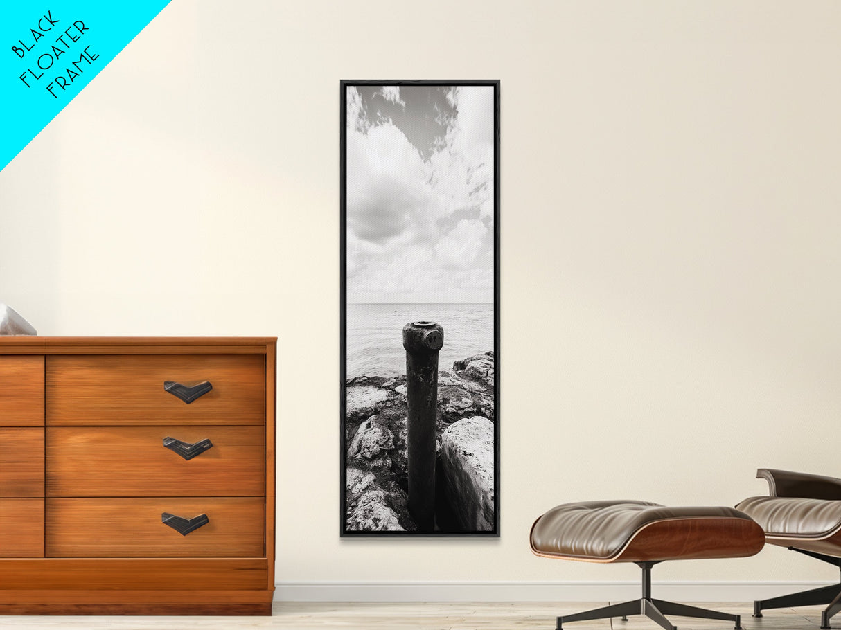 Coastal Pipe, Ocean View, Rusted Metal, Framed Canvas Print, Industrial Nautical Art, Bathroom Wall Decor, Minimal Seaside Landscape