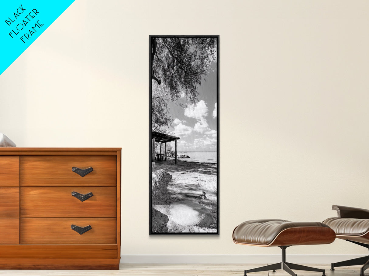 Coastal Bench, Ocean Peace, Nature Retreat, Minimal Landscape, Canvas Print, Zen Wall Art, Bedroom or Entryway Decor, Calm Beach Scene