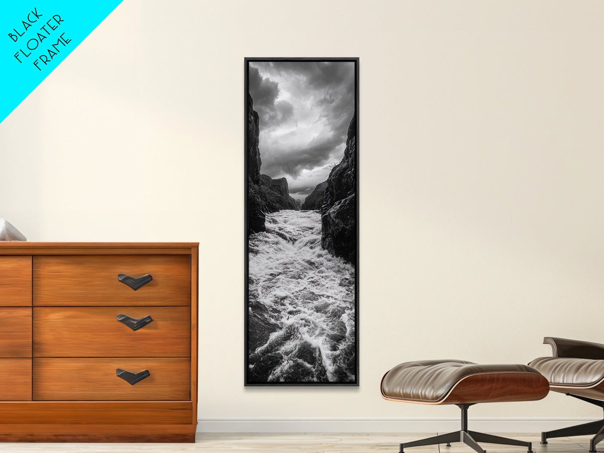 Wild River Path, Nature Wall Decor, Adventure Landscape, Monochrome Rapids, Framed Canvas Print, Rustic Living Room Wall Art, Moody Photography