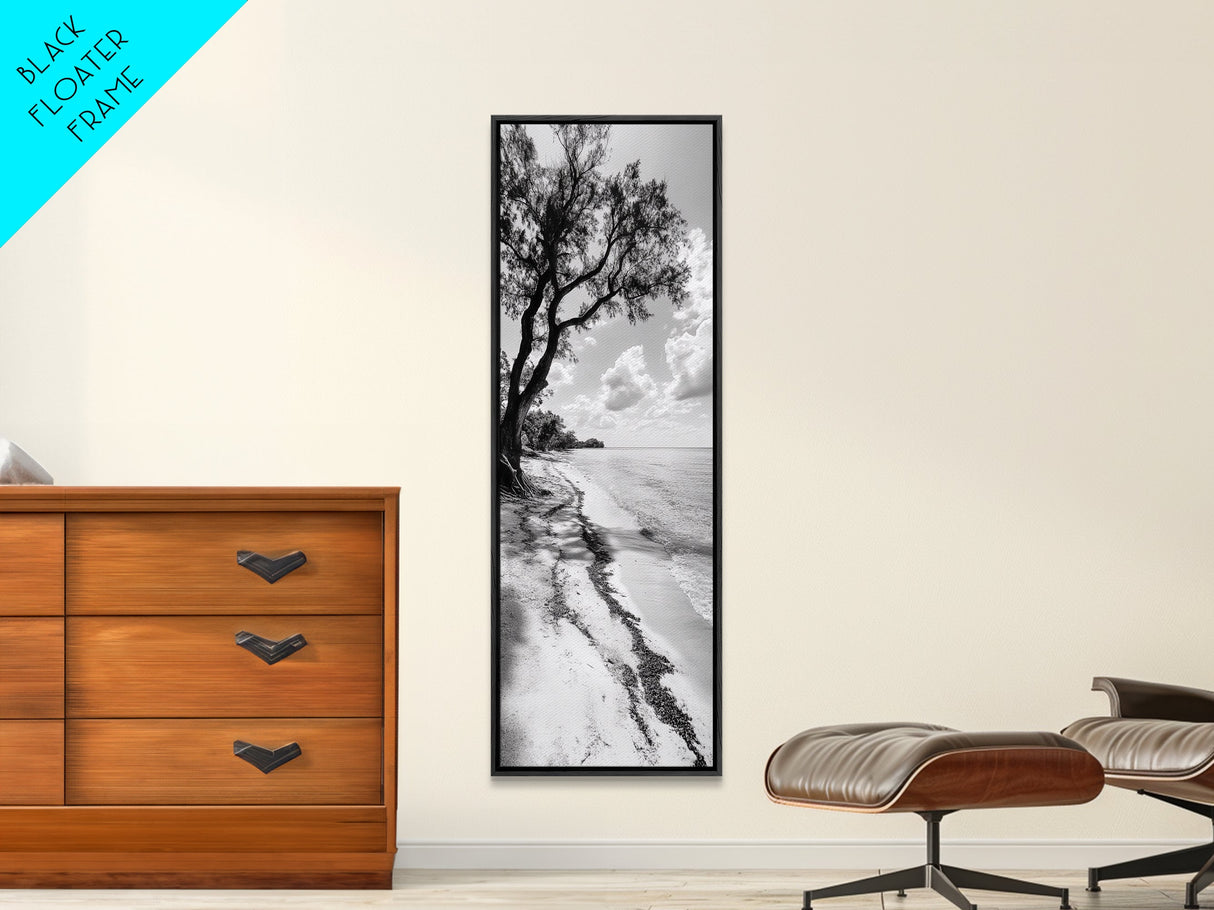 Serene Beach Tree, Calm Ocean Coast, Black White Shoreline, Framed Canvas Print, Coastal Entryway Decor, Minimal Nature Wall Art