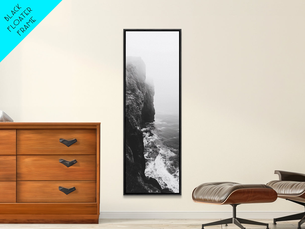 Foggy Cliffs, Moody Coast, Dramatic Seascape, Framed Canvas Print, Modern Dark Aesthetic Art, Minimalist Living Room Wall Decor