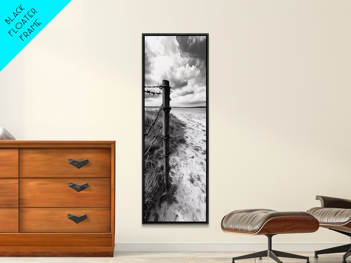 Barbed Fence, Sandy Dunes, Stormy Skies, Moody Coast, Natural Tension, Framed Canvas Print, Living Room Wall Art, Modern Western Decor