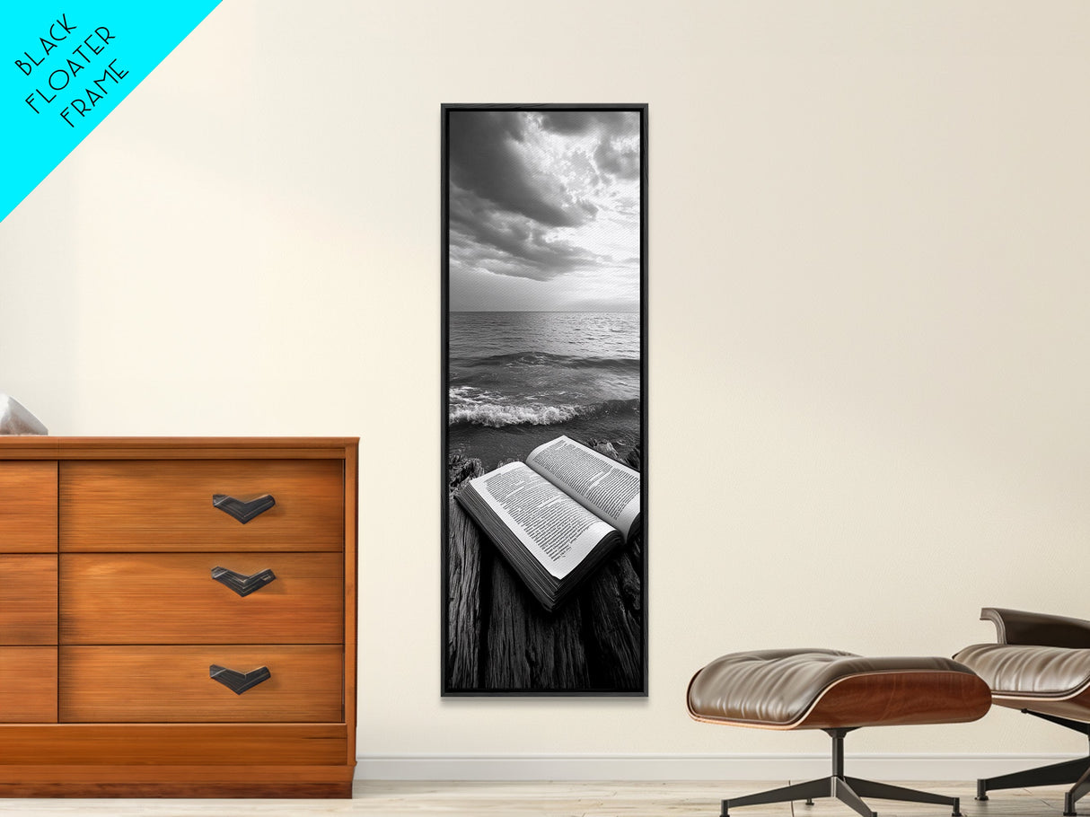 Seaside Book, Ocean Reading, Stormy Sky, Canvas Print, Cozy Beach House Art, Library Decor, Literary Wall Art, Moody Coastal Style