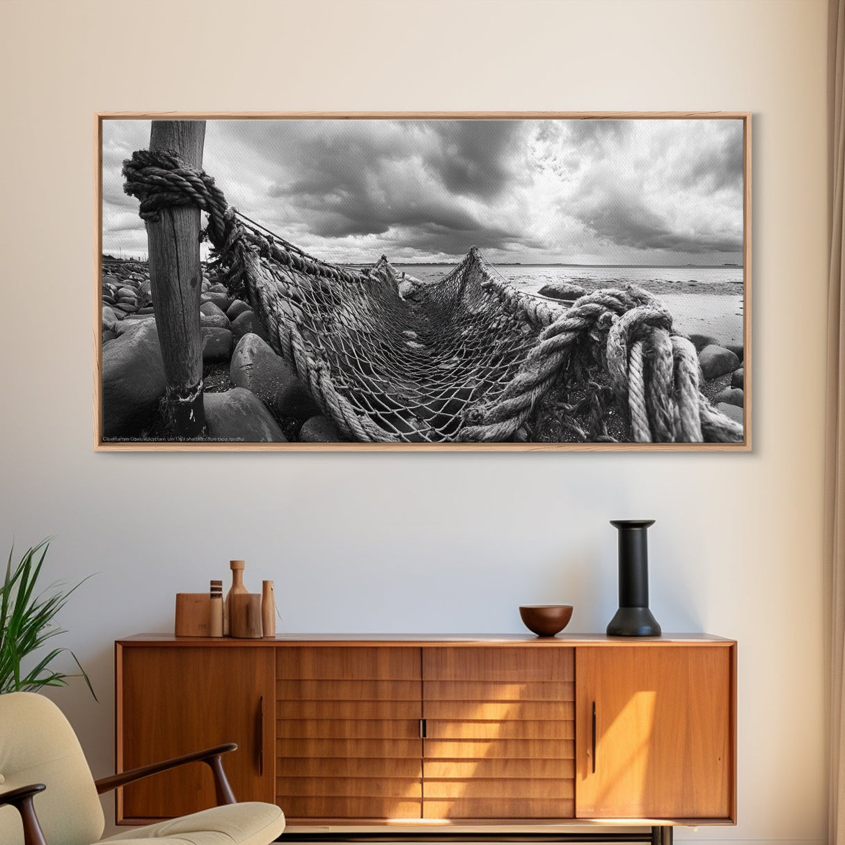 Fishing Net, Stormy Shore, Maritime Nostalgia, Rugged Rope Art, Framed Canvas Print, Nautical Living Room Wall Decor