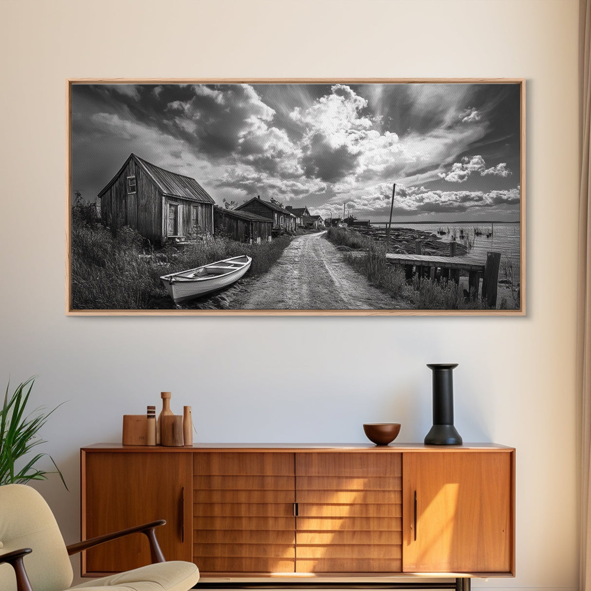 Seaside Village, Driftwood Cabins, Coastal Road, Vintage Fishing Town, Framed Canvas Print, Rustic Kitchen Wall Art, Moody Monochrome