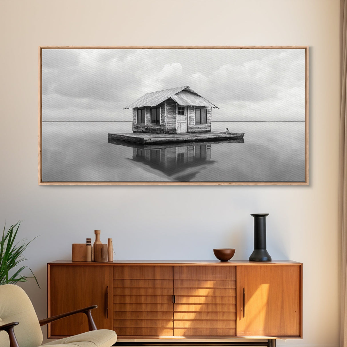 Floating Cabin, Lake House, Calm Waters, Dreamy Isolation Art, Canvas Print, Minimalist Living Room Wall Art, Coastal Style