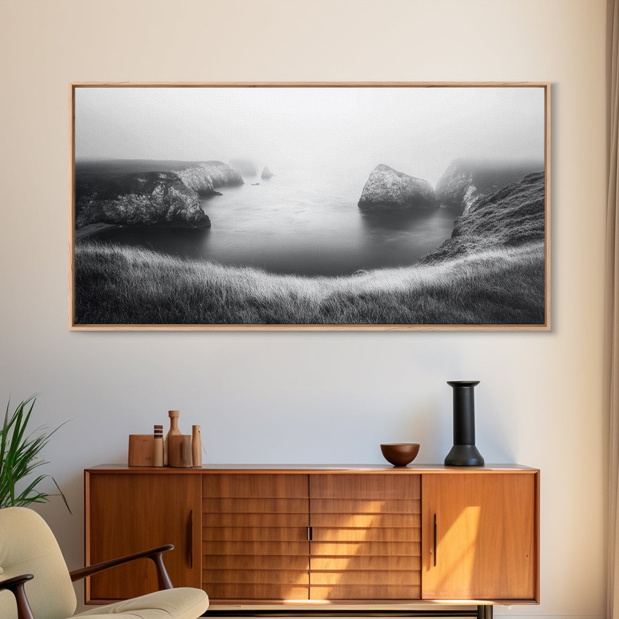 Serene Fog Cliffs, Dreamy Coastline, Soft Light Seascape, Canvas Print, Tranquil Bedroom Wall Art, Minimal Nature Photography