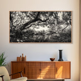 Twisted Forest Canopy, Ancient Trees, Mystical Woodland, Canvas Print, Boho Living Room Art, Black and White Nature Print, Cabin Decor