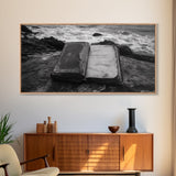 Weathered Journal Shore, Vintage Book, Ocean Background, Canvas Print, Antique Study Wall Art, Nautical Literary Photography