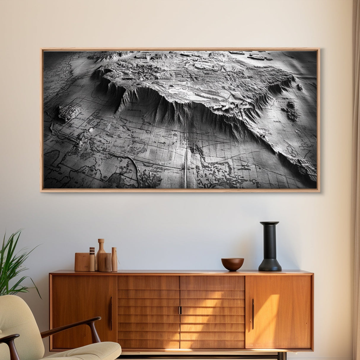 Topographic Map Detail, Antique Terrain, Black and White Landscape, Canvas Print, Office Wall Art, Historical Geography Decor