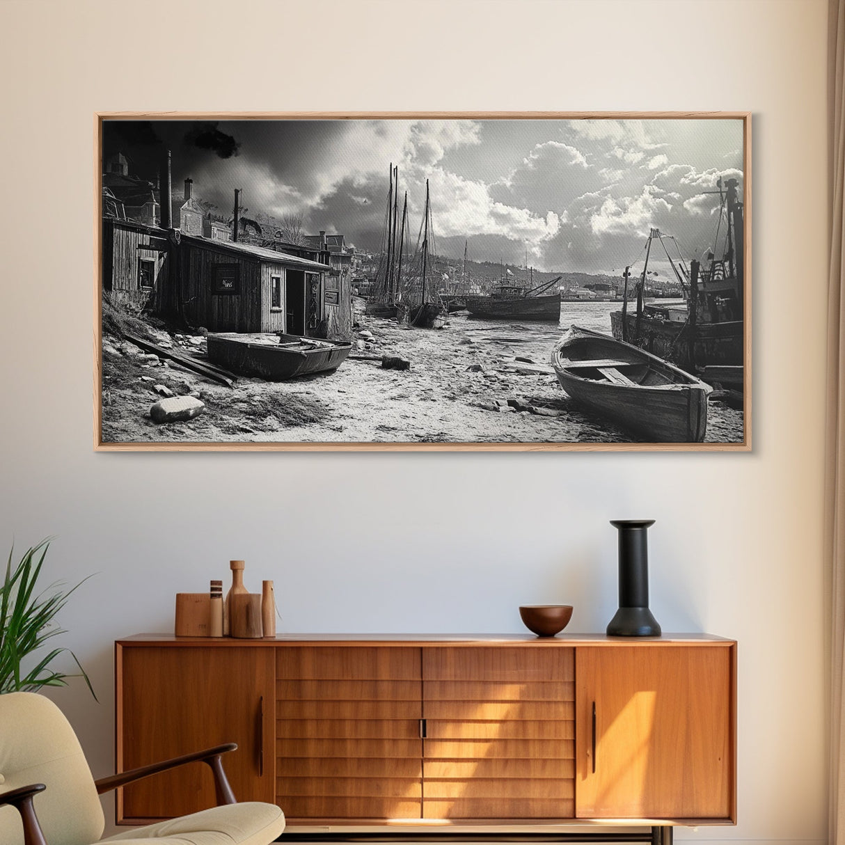 Old Fishing Harbor, Weathered Boats, Coastal Village Scene, Canvas Print, Nautical Kitchen Wall Art, Maritime Black and White Decor