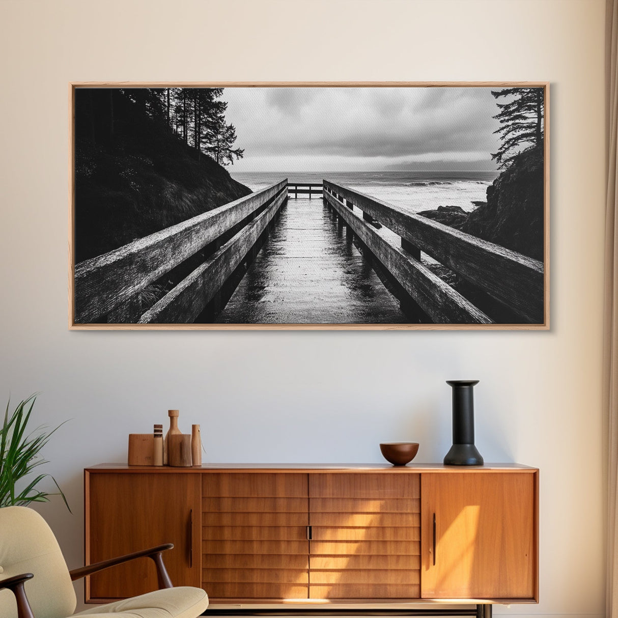 Rainy Dock View, Ocean Storm Mood, Moody Coastal Photo, Canvas Print, Living Room Wall Art, Black and White Nautical Decor, Rustic Coastal