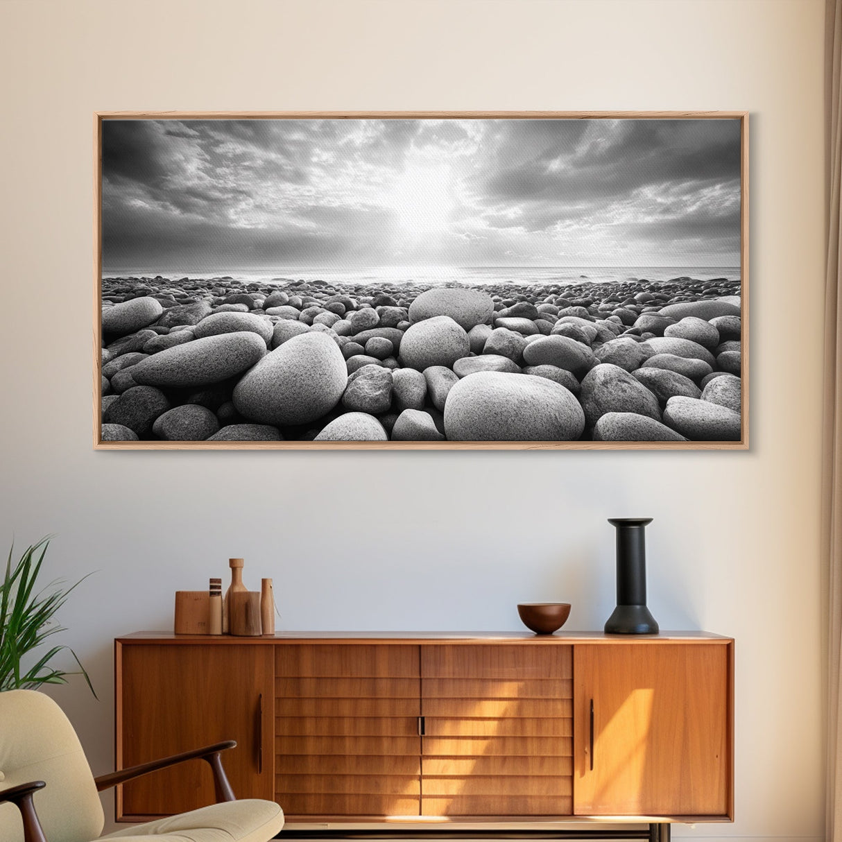Pebble Beach Sunrise, Serene Rock Shore, Ocean Horizon Light, Framed Canvas Print, Bathroom Wall Art, Minimalist Coastal Decor