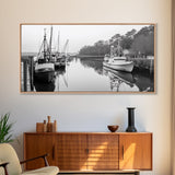 Fishing Boats Docked, Quiet Harbor Scene, Nautical River View, Framed Canvas Print, Kitchen Wall Art, Rustic Coastal Decor, Lodge Wall Art