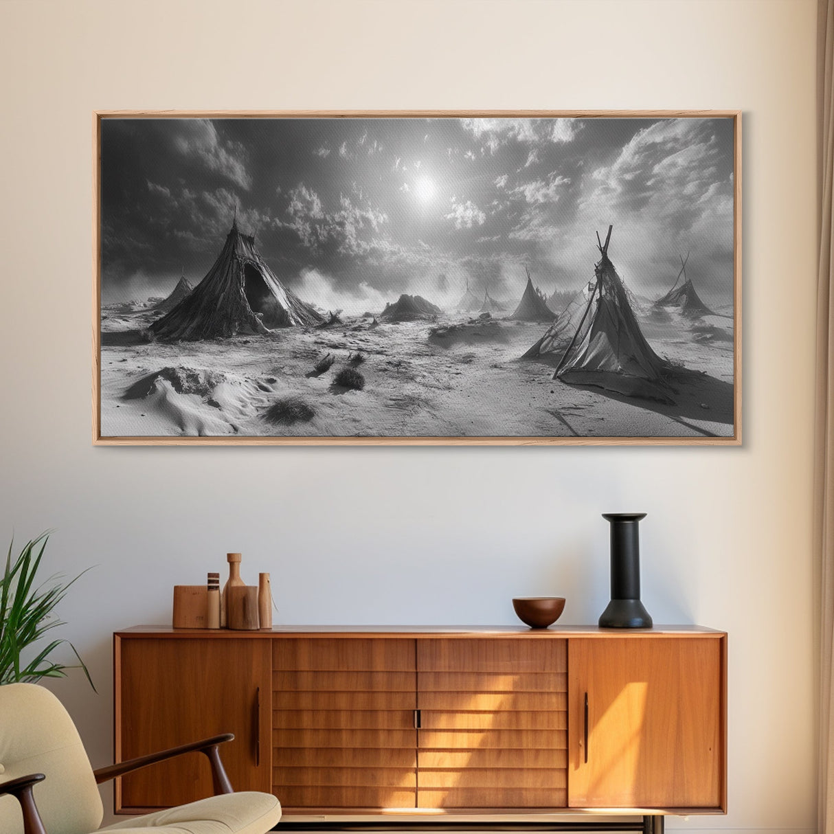 Desert Tent Scene, Surreal Tribal Landscape, Stormy Sky Tents, Canvas Print, Living Room Wall Art, Boho Nomad Aesthetic, Living Room Wall Art
