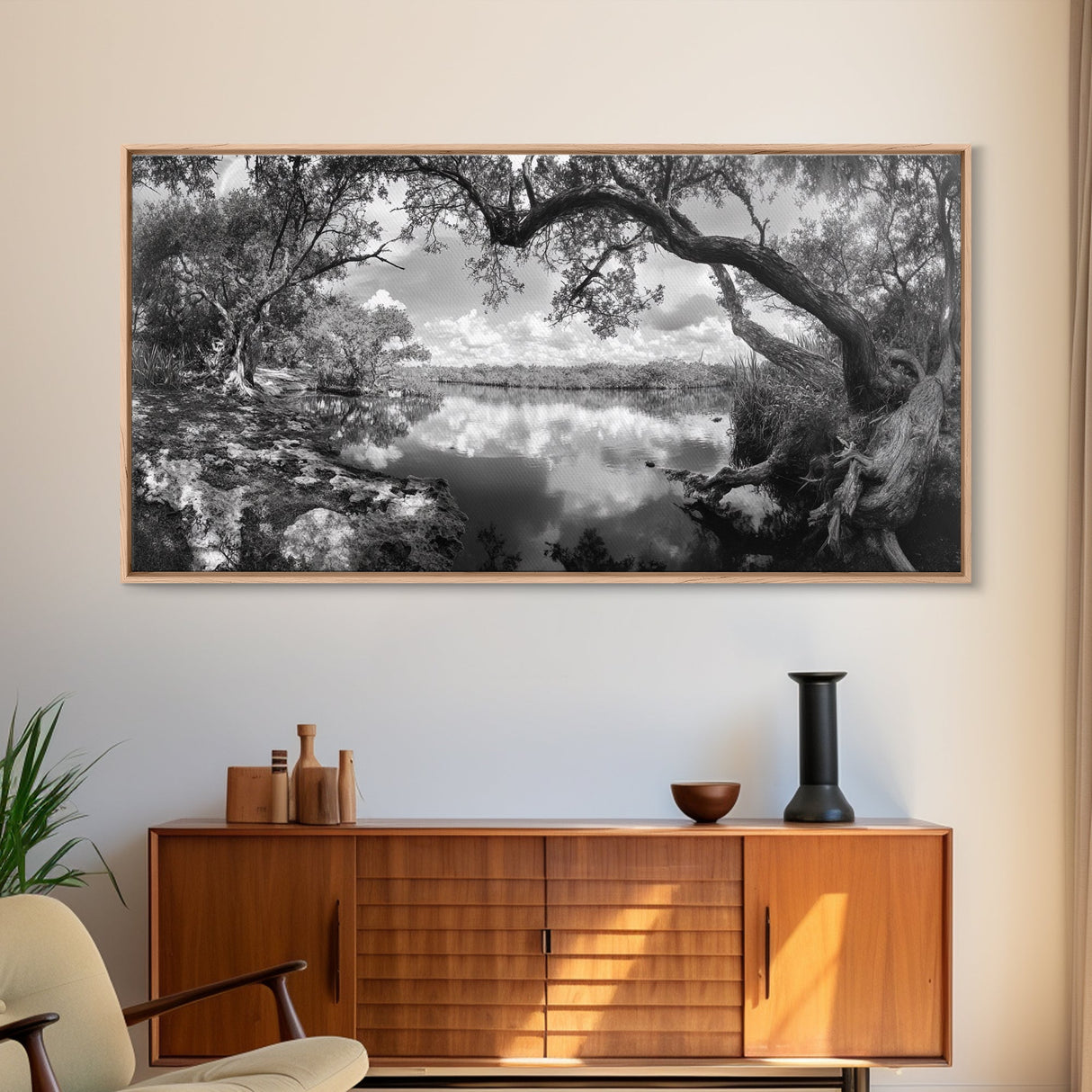 Tree Arch Reflection, Tranquil River View, Nature Canopy Water, Framed Canvas Print, Bedroom Wall Art, Zen Landscape Art, Cabin Decor