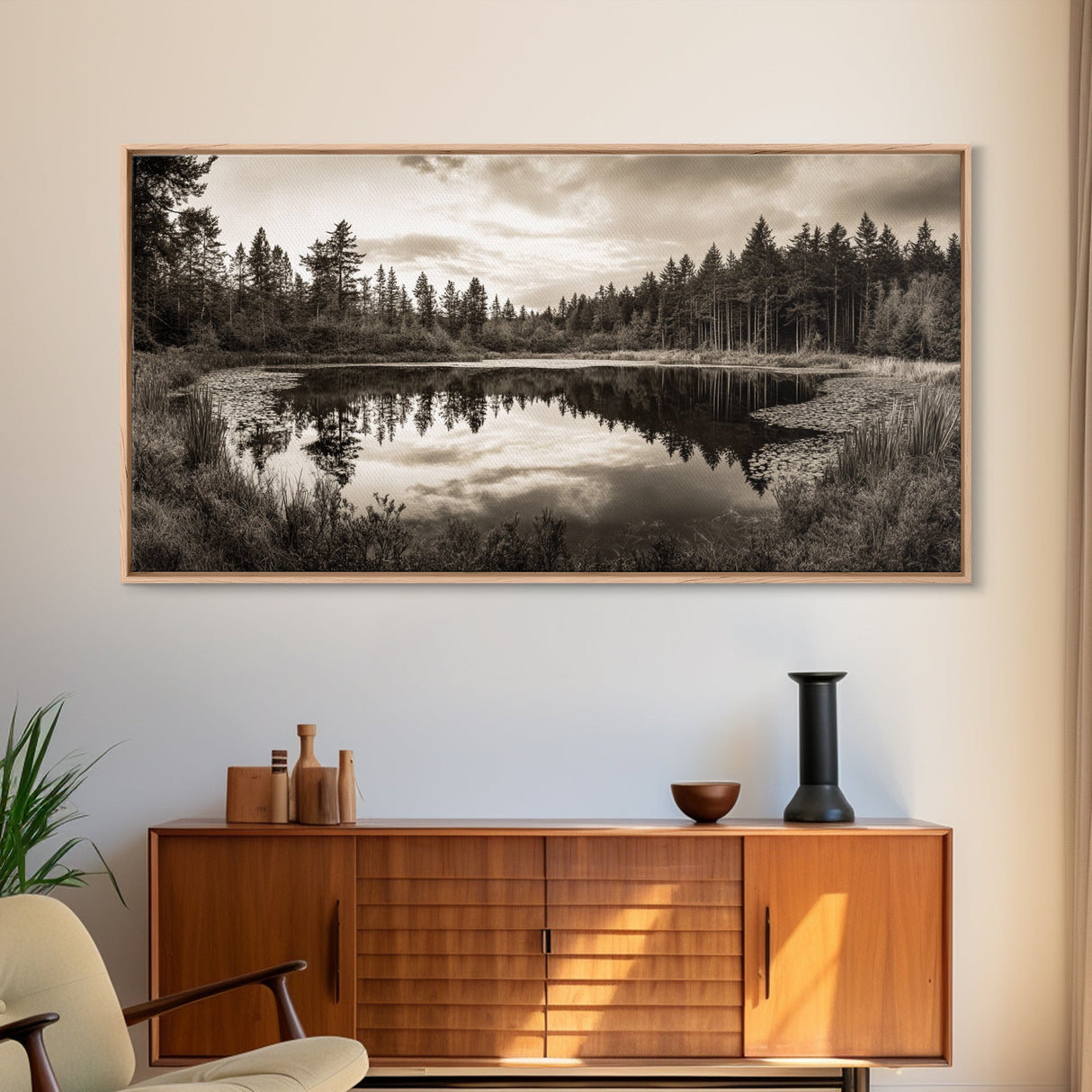 Forest Pond Reflection, Tranquil Lake Trees, Serene Nature Scene, Framed Canvas Print, Fall Wall Art, Rustic Cabin Decor, Living Room Wall Art