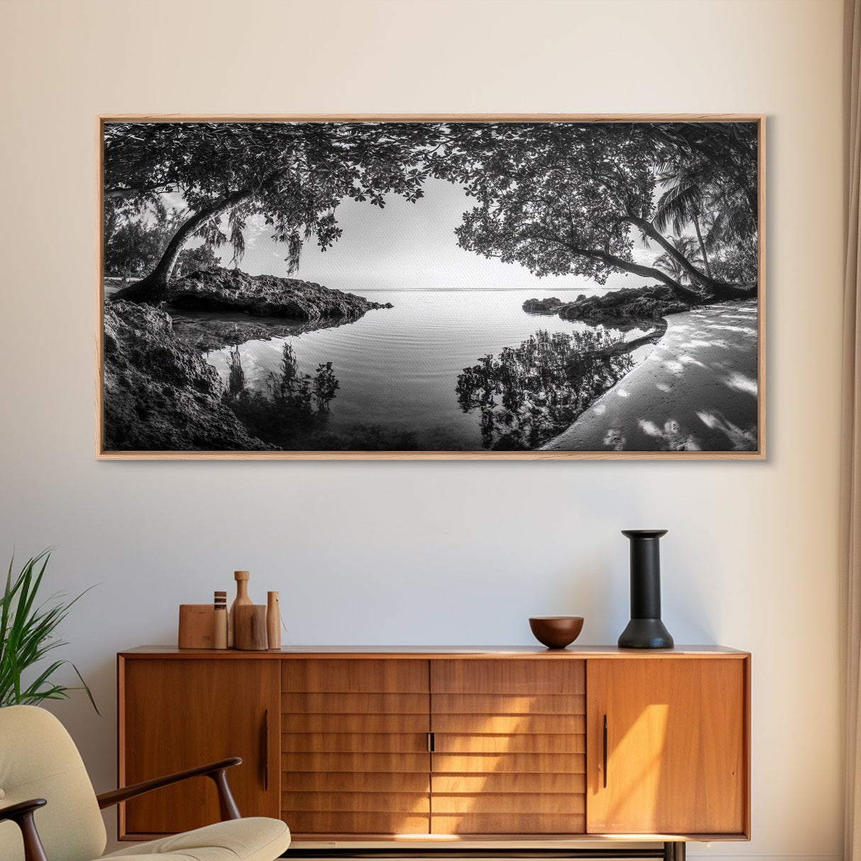 Tropical Shore Trees, Ocean Lagoon Stillness, Peaceful Island Cove, Canvas Print, Bathroom Wall Art, Minimalist Coastal Vibe, Cabin Decor