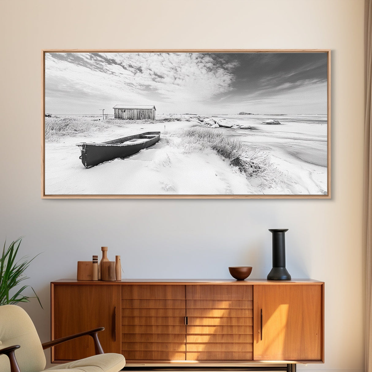 Snowy Coastal Boat, Rustic Winter Landscape, Farmhouse Wall Art, Neutral Tones, Canvas Print, Entryway or Fall Seasonal Decor