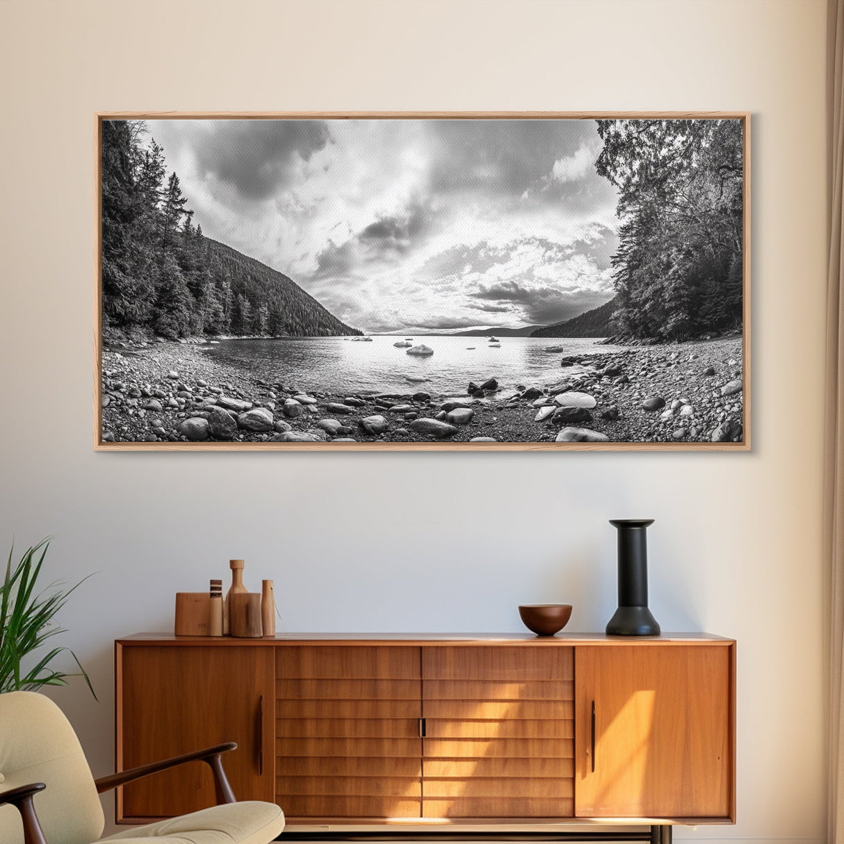 Forest Lake Serenity, Monochrome Nature, Tranquil Landscape, Canvas Print, Lodge Wall Art, Minimalist Cabin Decor, Black White