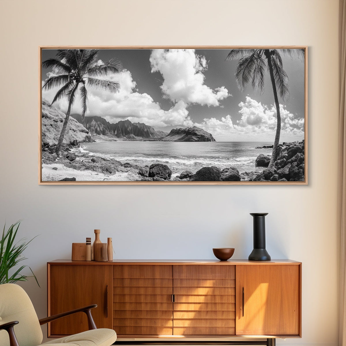 Tropical Beach View, Palm Tree Paradise, Black and White Island, Coastal Wall Decor, Canvas Print, Boho Living Room Art, Office Wall Art
