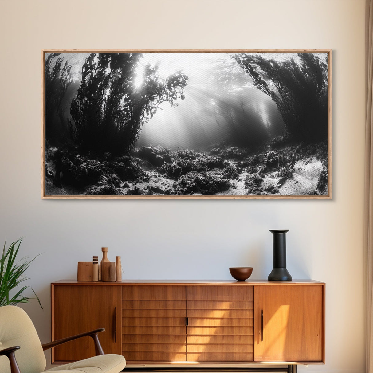 Kelp Forest Rays, Underwater Light, Black and White Ocean Scene, Framed Canvas Print, Nature Wall Art, Coastal Bathroom Decor