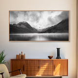Mountain Lake, Misty Valley, Nature Serenity, Moody Landscape, Framed Canvas Print, Living Room Wall Art, Rustic Cabin Aesthetic