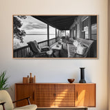 Porch Lake View, Rustic Escape, Cabin Life, Vintage Charm, Framed Canvas Print, Entryway Wall Art, Country Home Aesthetic, Cozy Style