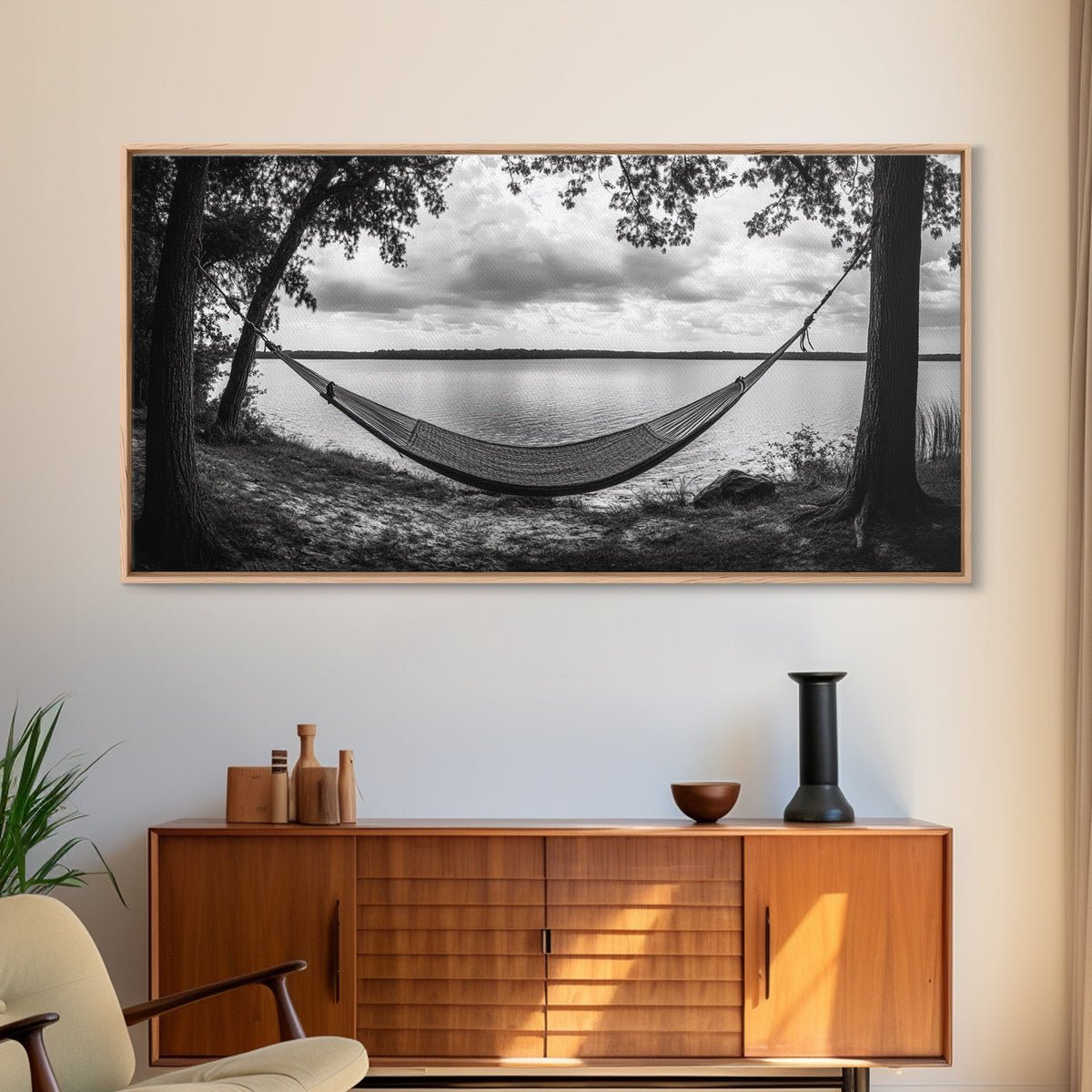 Hammock Lake, Restful Retreat, Trees Framing, Relax Mood, Framed Canvas Print, Bedroom Wall Art, Slow Living Style, Boho Natural Art