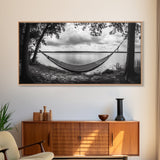 Hammock Lake, Restful Retreat, Trees Framing, Relax Mood, Framed Canvas Print, Bedroom Wall Art, Slow Living Style, Boho Natural Art
