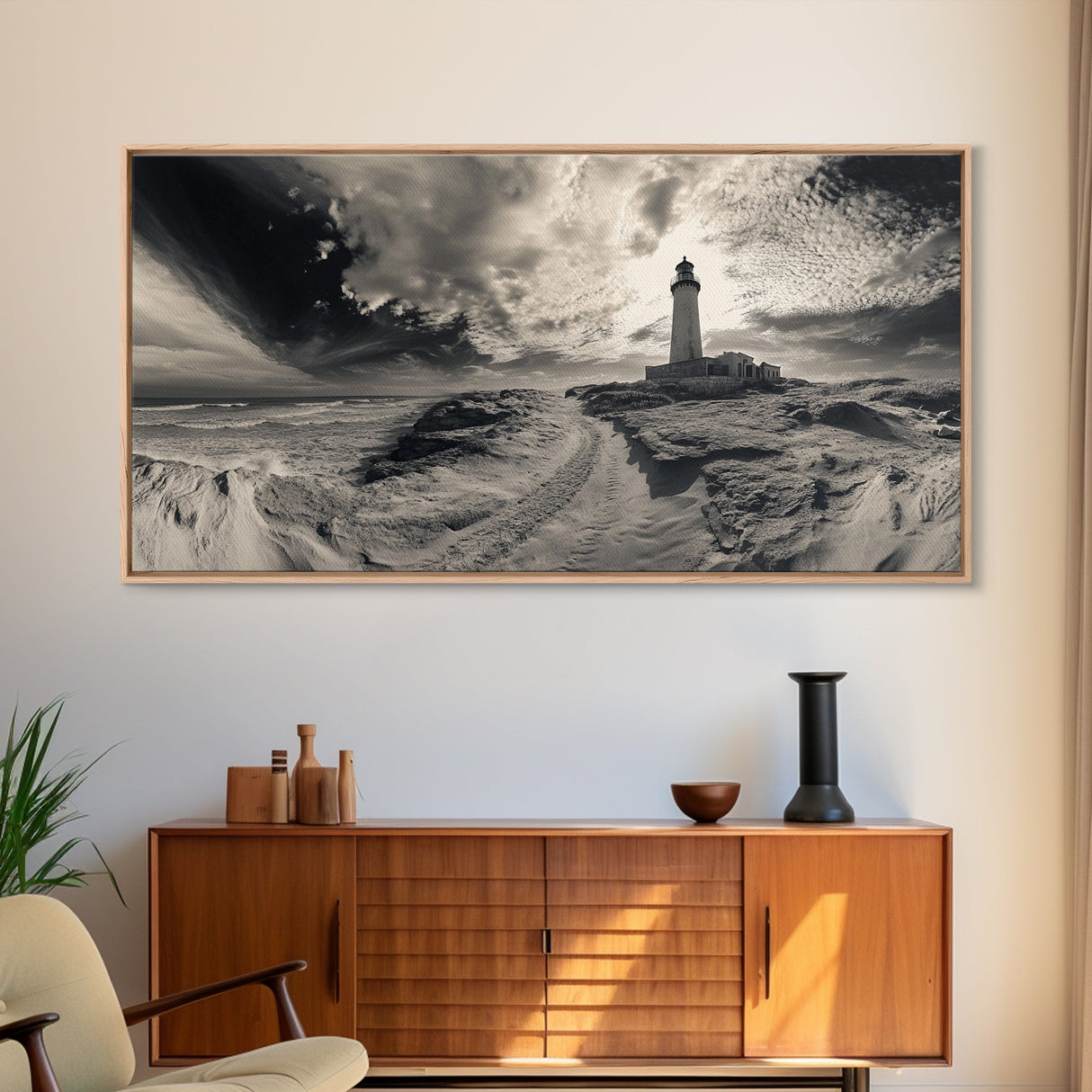 Lighthouse Path, Stormy Beach, Moody Coastline, Wall Decor, Framed Canvas Print, Coastal Wall Art, Rustic Bathroom, Nautical Style Print
