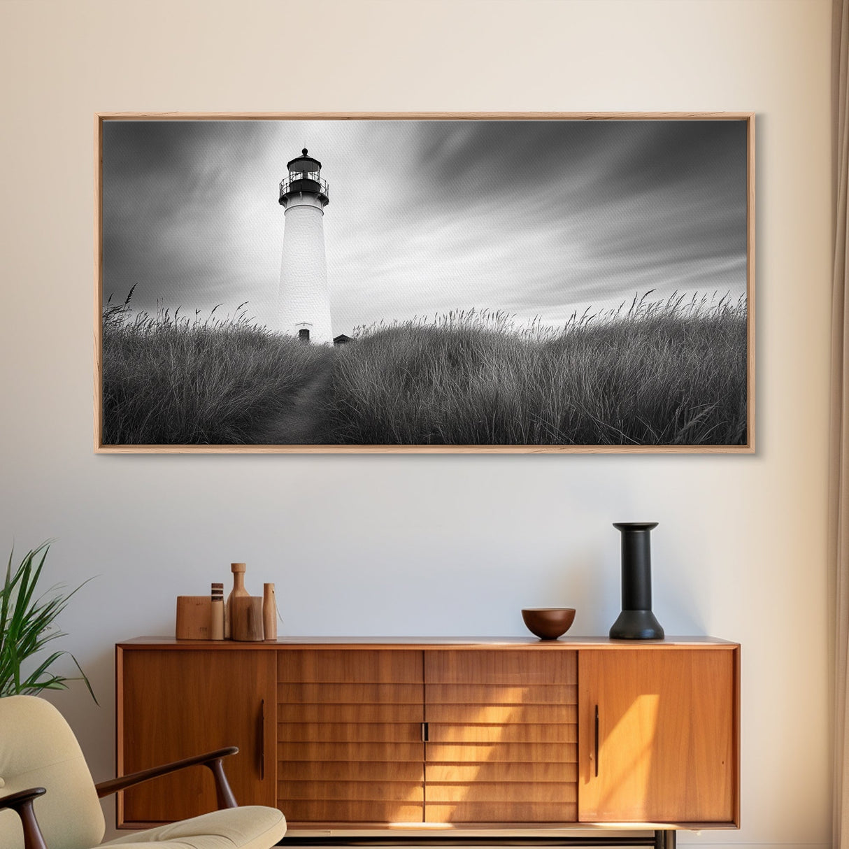 Lighthouse Grass, Seaside Tower, Stormy Sky, Black White, Framed Canvas Print, Beach Bathroom Art, Minimalist Decor, Nautical Print