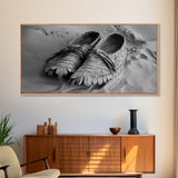 Moccasins in Sand, Rustic Footwear Art, Cultural Detail Photo, Framed Canvas Print, Boho Entryway Wall Decor, Western Minimalist