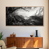 Stormy Shore, Erosion Roots, Driftwood Beach, Nature Drama, Framed Canvas Print, Moody Wall Art, Fall Living Room Decor, Dark Rustic Style