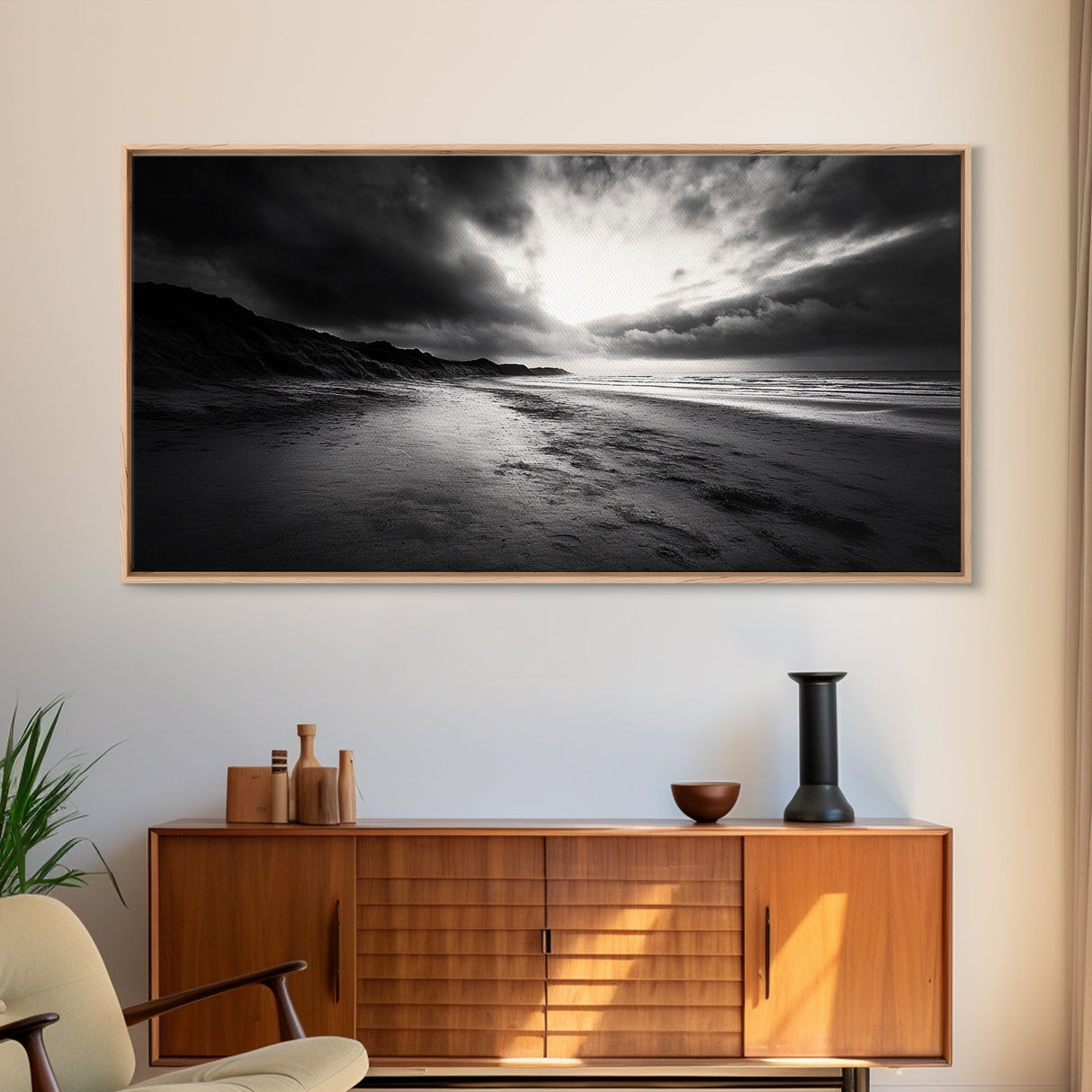 Stormy Coast, Dramatic Sky, Ocean Dusk, Monochrome Landscape, Framed Canvas Print, Bedroom Wall Art, Minimalist Coastal Decor