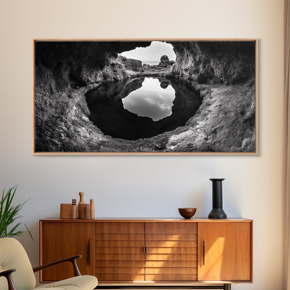Sea Cave, Rocky Texture, Coastal Reflection, Natural Formations, Framed Canvas Print, Bathroom Art, Earthy Wall Decor, Zen Style