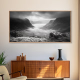 Foggy Valley, Highland Mist, Mountain View, Serene Landscape, Framed Canvas Print, Office Wall Art, Nature Escape, Zen Mountains