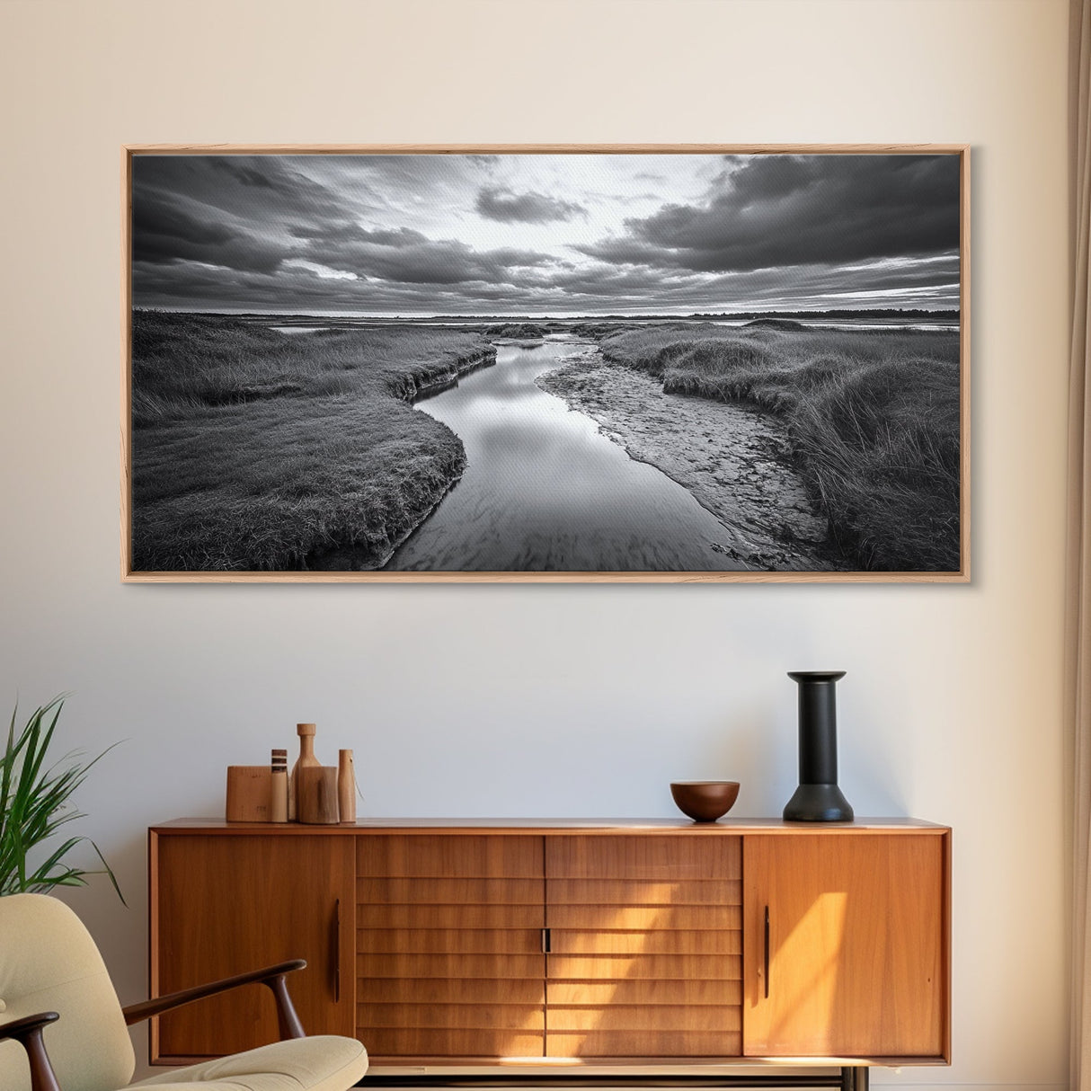 Marshland Serenity, River Flow, Cloudy Mood, Nature Calm, Framed Canvas Print, Coastal Wall Art, Bathroom Tranquil Landscape
